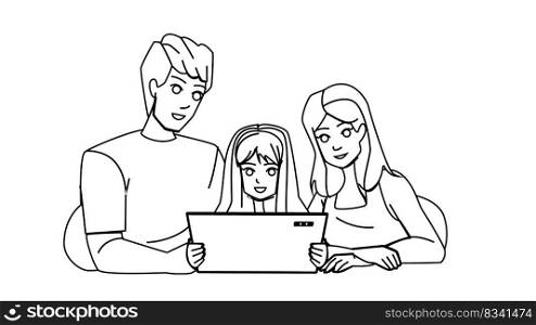 family tablet line pencil drawing vector. home child, father daughter, mother technology, happy internet, fun digital, lifestyle computer family tablet character. people Illustration. family tablet vector