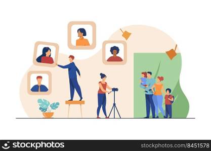 Family taking picture at photographic studio. Portrait, camera, photographer flat vector illustration. Photography and expression concept for banner, website design or landing web page
