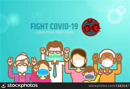 Family team power against Covid-19,Coronavirus flat design illustration. Strong and harmonious parent wearing mask for protection with hopeful hands up,show victory sign gesture together.
