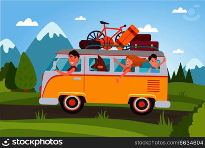 Family that goes on vacation at countryside in van full of baggage and with small basketball, compact bicycle and dog vector illustration.. Family That Goes on Vacation at Countryside in Van