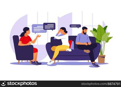 Family therapy and counselling. Woman psychotherapist support couple with psychological problems. Family psychotherapy session. Conversation with a psychologist. Vector illustration.