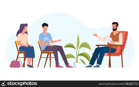 Family therapy. People counseling with psychologist, patient persons in psychotherapist sessions. Men and women talking to doctor about relationships problems vector cartoon flat isolated illustration. Family therapy. People counseling with psychologist, patient persons in psychotherapist sessions. Men and women talking to doctor about relationships problems, vector isolated illustration