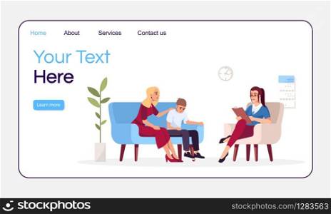 Family therapy session landing page vector template. Parenting problems. Psychology consultation website interface idea with flat illustrations. Homepage layout. Web banner, webpage cartoon concept