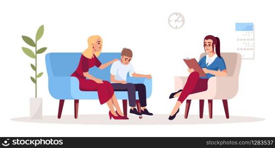 Family therapy session semi flat RGB color vector illustration. Mother and son. Parenting problems. Transitional age. Psychology consultation. Isolated cartoon character on white background