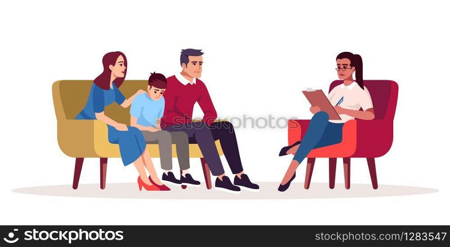 Family therapy session semi flat RGB color vector illustration. Parenting difficulties. Appointment with psychologists. Psychotherapy. Psychology consultation. Isolated cartoon character on white