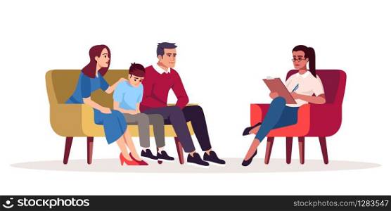 Family therapy session semi flat RGB color vector illustration. Parenting difficulties. Appointment with psychologists. Psychotherapy. Psychology consultation. Isolated cartoon character on white
