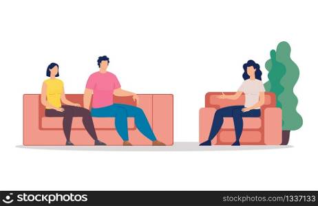 Family Therapy Trendy Flat Vector Concept. Married Couple, Wife and Husband Visiting Psychotherapy Counseling, Sitting on Coach at Therapy Session, Psychologist Talking with Patients Illustration