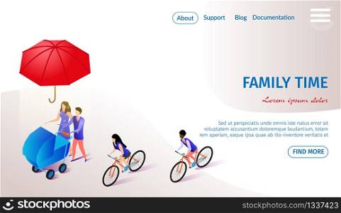 Family Time Horizontal Banner with Copy Space. Couple of Young Parents Walking with Baby Stroller Under Flying Umbrella. Man and Woman Riding Bicycles. Sparetime 3d Flat Vector Isometric Illustration.. Family Time Horizontal Banner with Copy Space.