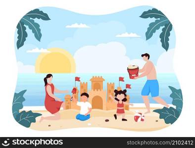 Family Time of Joyful Parents and Children Spending Time Together at Beach Doing Various Relaxing Activities in Cartoon Flat Illustration for Poster or Background