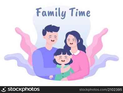 Family Time of Joyful Parents and Children Spending Time Together at Home Doing Various Relaxing Activities in Cartoon Flat Illustration for Poster or Background