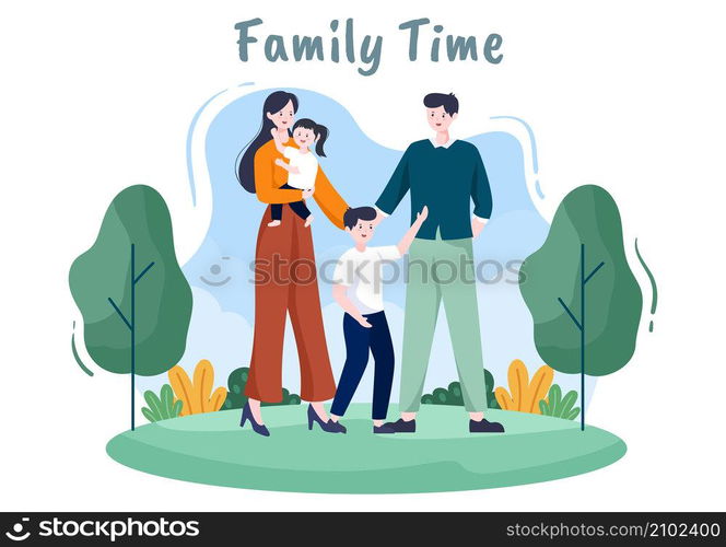 Family Time of Joyful Parents and Children Spending Time Together at Park Doing Various Relaxing Activities in Cartoon Flat Illustration for Poster or Background