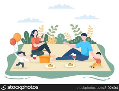 Family Time of Joyful Parents and Children Spending Time Together at Park Doing Various Relaxing Activities in Cartoon Flat Illustration for Poster or Background