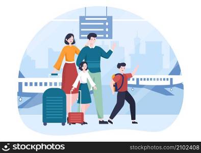 Family Time of Joyful Parents and Children Spending Time Together at Travel Doing Various Relaxing Activities in Cartoon Flat Illustration for Poster or Background