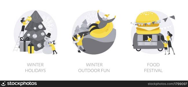 Family time outdoors abstract concept vector illustration set. Winter holidays, outdoor fun, food festival, Christmas eve, new year celebration, building a snowman, snowball fight abstract metaphor.. Family time outdoors abstract concept vector illustrations.
