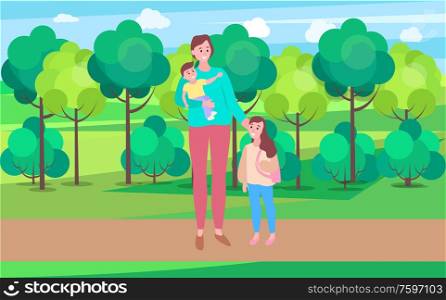 Family time vector, mother with kids walking in park of city. Skyscrapers and street, greenery of trees, clouds at sky. Motherhood and childhood town. Woman Walking with Daughter Carrying Baby in Park
