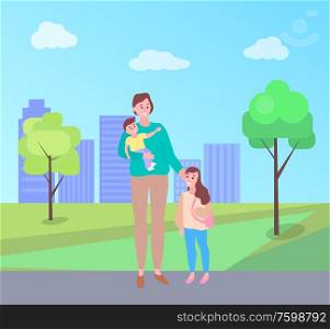 Family time vector, mother with kids walking in park of city. Skyscrapers and street, greenery of trees, clouds at sky. Motherhood and childhood town. Woman Walking with Daughter Carrying Baby in Park