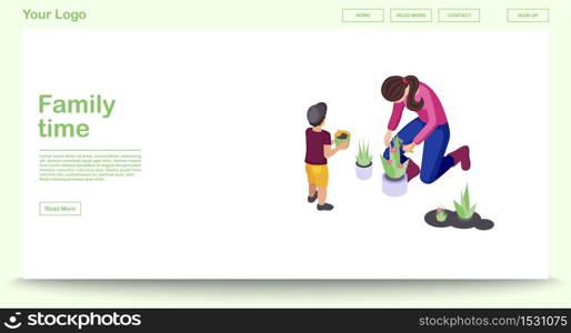 Family time web page vector template with isometric illustration. Mother and son doing gardening. Website interface design. Family leisure and entertainment activity 3d concept. Isolated clipart. Family time web page vector template with isometric illustration