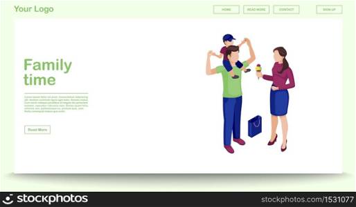 Family time web page vector template with isometric illustration. Parents with kids doing shopping. Website interface design. Family leisure and entertainment activity 3d concept. Isolated clipart. Family time web page vector template with isometric illustration