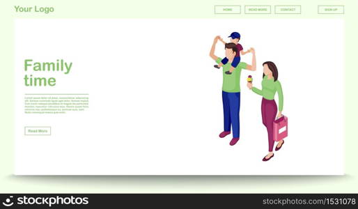 Family time web page vector template with isometric illustration. Parents with kids doing shopping. Website interface design. Family leisure and entertainment activity 3d concept. Isolated clipart. Family time web page vector template with isometric illustration