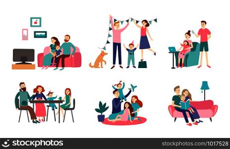 Family together at home. Young couple spend time with kids, read book and decorating house. Homeliness family eating healthy dinner together, generations meeting vector flat isolated icon illustration. Family together at home. Young couple spend time with kids, read book and decorating house. Homeliness vector flat illustration