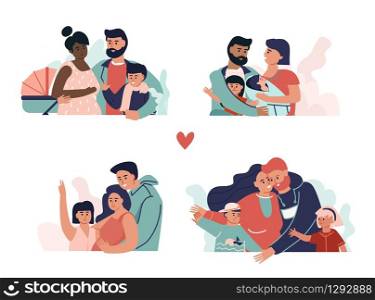 Family together. Parents children and grandparents hugging and embracing. Vector happy illustrated cartoon characters spending time together in concepts bonding family. Family together. Parents children and grandparents hugging and embracing. Vector happy cartoon characters spending time together