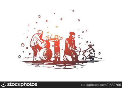 Family, togetherness, winter, Christmas happiness vector concept. Parents and two children build a snowman. Hand drawn sketch isolated illustration. Family, togetherness, winter, Christmas happiness concept. Hand drawn sketch isolated illustration