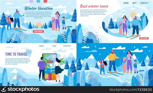 Family Tour for Winter Holidays Advertisement Set. Landing Page, Banner and Poster Design with Happy Man, Woman, Children during Winter Vacation at Mountain Resort and Ready Go to Exotic Country