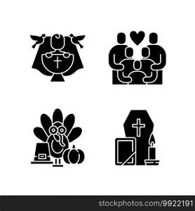 Family tradition and special occasions black glyph icons set on white space. Christening ceremony, baby baptism. Thanksgiving party. Funeral service. Silhouette symbols. Vector isolated illustration. Family tradition and special occasions black glyph icons set on white space