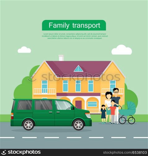 Family transport banner. Big family with children standing near house and minivan flat vector illustrations. Buying new car for family needs. Spacious minibus. For car dealer landing page design . Family Transport Flat Vector Web Banner. Family Transport Flat Vector Web Banner