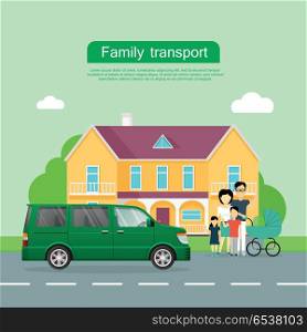 Family transport banner. Big family with children standing near house and minivan flat vector illustrations. Buying new car for family needs. Spacious minibus. For car dealer landing page design . Family Transport Flat Vector Web Banner. Family Transport Flat Vector Web Banner