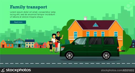 Family transport banner. Big family with children standing near house and minivan flat vector illustrations. Buying new car for family needs. Spacious minibus. For car dealer landing page design. Family Transport Flat Vector Web Banner