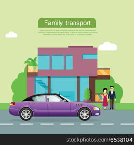 Family transport banner. Family couple standing near modern house and sedan flat vector illustrations. Buying new car for family needs. Personal transport. For car dealer, shop landing page design . Family Transport Flat Vector Web Banner. Family Transport Flat Vector Web Banner