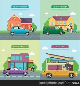 Family Transport. Collection of Automobile Icons. Family transport. Collection of four automobile icons. Small blue automobile, green minivan and violet car with shifted roof on road near houses and families. Cool yellow cabriolet near man. Vector