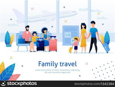 Family Travel, Airline Company, Airplane Tickets Booking Service Trendy Flat Vector Advertising Banner, Promo Poster Template. Couples with Children Waiting for Flight in Airport Lounge Illustration