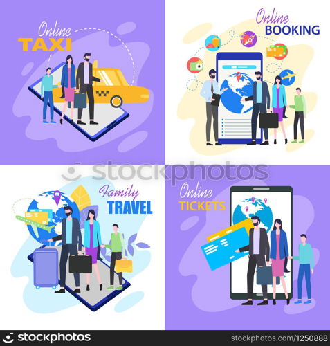 Family Travel Buy Plane Ticket Online Taxi Hotel Booking Vector Illustration. Parent Vacation Child Travel Agency Tour Purchase Internet Room Reservation Mobile Phone Digital Device App. Family Travel Buy Ticket Online Taxi Hotel Booking