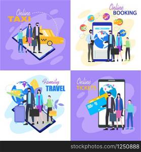 Family Travel Buy Plane Ticket Online Taxi Hotel Booking Vector Illustration. Parent Vacation Child Travel Agency Tour Purchase Internet Room Reservation Mobile Phone Digital Device App. Family Travel Buy Ticket Online Taxi Hotel Booking