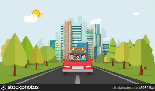 Family travel by car flat cartoon style happy vector image