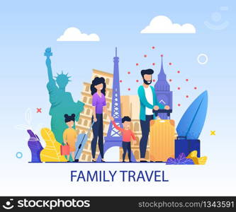 Family Travel Cartoon Invitation Banner. Flat Template Advertising Spend Time Together in Different Countries. Vector Parents and Children with Luggage over Sightseeing Attractions Illustration. Family Travel Together Cartoon Advertising Banner