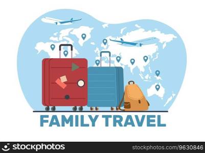 Family travel concept, travel bags of all family members on background of world map with flying planes. Global journey, international transportation vector cartoon flat style isolated illustration. Family travel concept, travel bags of all family members on background of world map with flying planes. Global journey, international transportation vector cartoon flat isolated illustration