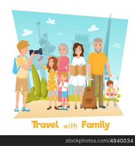 Family Travel Illustration. Happy family with children travelling and taking photos with famous sights cartoon vector illustration