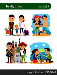 Family travel people. Rest on the beach and sightseeing. vector illustration.. Family travel people