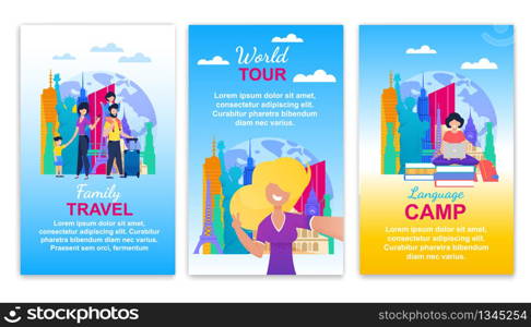 Family Travel, World Tour, Language Camp Banner Set. Europe Country Tourism International Trip. Children Summer Holidays Vacation Journey. Student Learn Foreign Language Program Vector Illustration. Family Travel World Tour Language Camp Banner Set