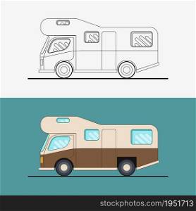 Family traveler truck . Journey camping traveling vacation car . Flat vector illustration. Family traveler truck . Journey camping traveling vacation car . Flat vector illustration.