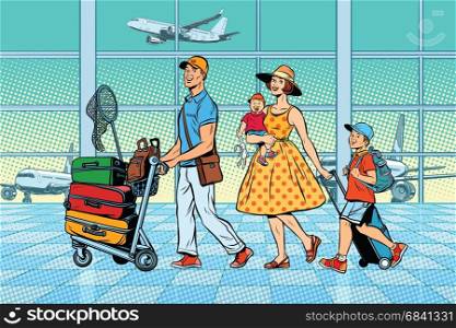 Family travelers at the airport. Pop art retro vector illustration. Air transport. Family travelers at the airport