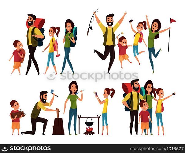 Family traveling. Happy couples with kids hiking mountain exploring camping adventure vector characters. Family hiking adventure, tourism summer illustration. Family traveling. Happy couples with kids hiking mountain exploring camping adventure vector characters