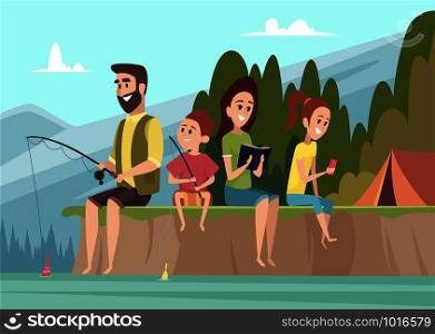 Family travellers. Couple outdoor explorers kids with parents hiking camping vector cartoon background. Family adventure and fishing outdoor, travel camp illustration. Family travellers. Couple outdoor explorers kids with parents hiking camping vector cartoon background