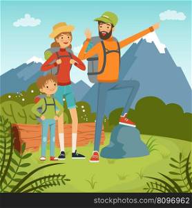 Family travellers. father mother and kids walking outdoor hiking. Vector cartoon background of family recreation, mother father and son with backpack illustration. Family travellers. father mother and kids walking outdoor hiking. Vector cartoon background