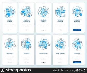 Family tree usage blue onboarding mobile app screen set. Walkthrough 5 steps editable graphic instructions with linear concepts. UI, UX, GUI template. Myriad Pro-Bold, Regular fonts used. Family tree usage blue onboarding mobile app screen set