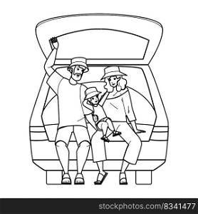 family trip line pencil drawing vector. travel happy, holiday vacation, summer man, child woman, mother fun, lifestyle family trip character. people Illustration. family trip vector