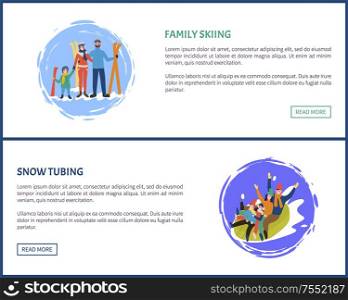 Family tubing and skiing, skiers with equipment vector. Poster with text sample splashing snow, people on tube, father and mother with children web. Family Tubing and Skiing, Skiers with Equipment